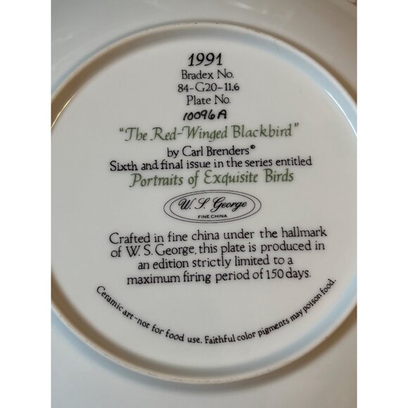 Vtg Portraits of Exquisite Birds Red Winged Blackbird Bradex plate only - Picture 4 of 4